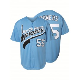 Myrtle Beach Mermaid Men's #55 Embroidered Baseball Jersey - Light Blue & Green V-Neck Short Sleeve, Breathable Button-Up Sports Shirt for Training, Competition, and Casual Wear, Competition Clothing | Vneck Jersey | Quality Embroidery