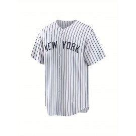 Men'S Retro NEW YORK #3 Embroidery Design Short Sleeve V-neck Loose Button Up Shirt, Men'S Summer Baseball Jersey