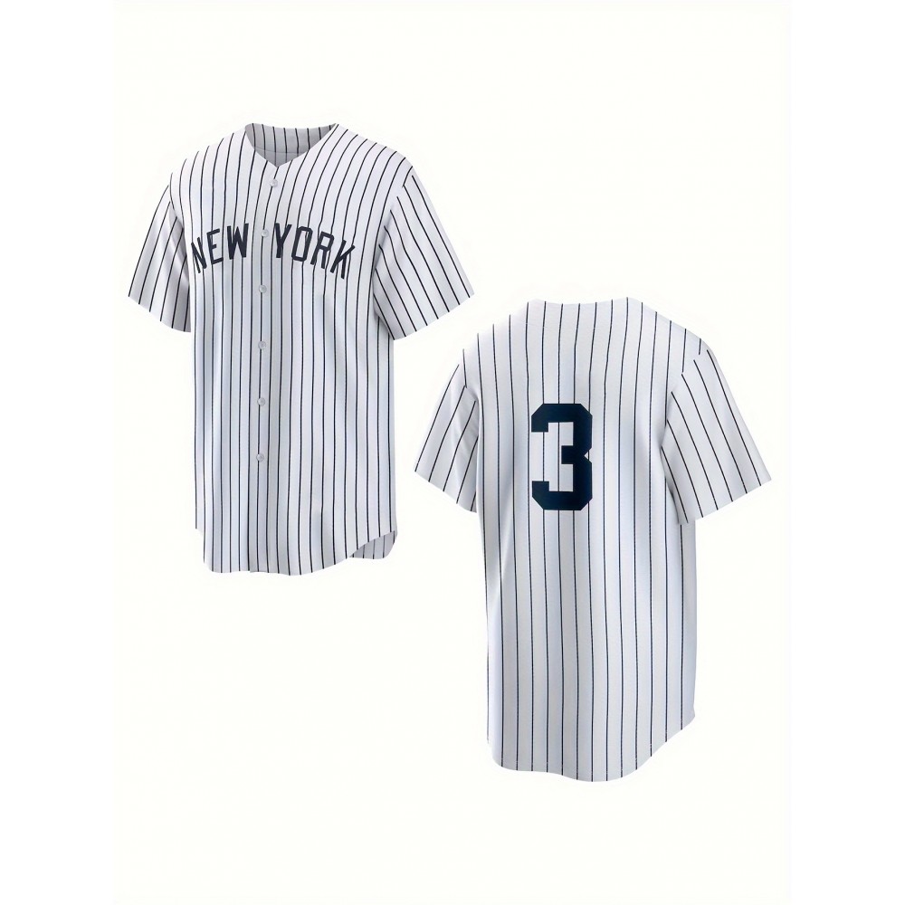 Men'S Retro NEW YORK #3 Embroidery Design Short Sleeve V-neck Loose Button Up Shirt, Men'S Summer Baseball Jersey
