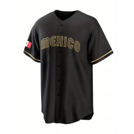 Men's Mexico #56 Black Baseball Jersey - Retro Mexico Lettering & Number 56, Breathable V-Neck Loose Fit Short Sleeve Shirt for Training, Competition, Casual & Holiday Wear, Mexico Baseball Jersey, Sports Apparel, Sporty Vneck, Comfortable Fabric
