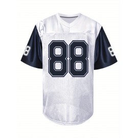 Men'S White Patchwork Sleeves # 88 Rugby Shirt Loose Embroidered Sports, Fashionable, Casual, Street Breathable Rugby Top