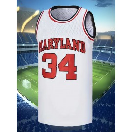 [Embroidered Detail] Men's #34 Maryland Basketball Jersey - Breathable Polyester, Round Neck, Embroidered, Loose Fit for Training & Casual Wear, Sizes S-XXXL, Athletic Clothing|Casual Style|Durable Knit