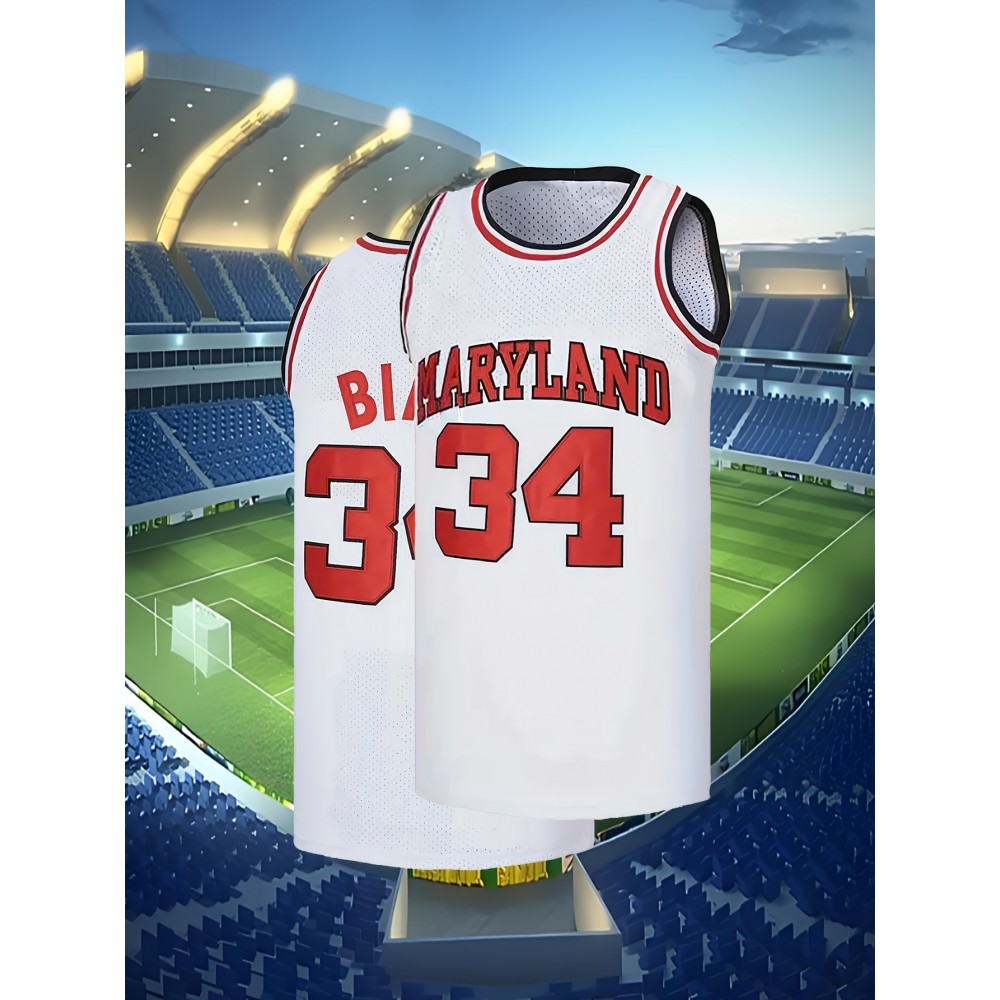 [Embroidered Detail] Men's #34 Maryland Basketball Jersey - Breathable Polyester, Round Neck, Embroidered, Loose Fit for Training & Casual Wear, Sizes S-XXXL, Athletic Clothing|Casual Style|Durable Knit