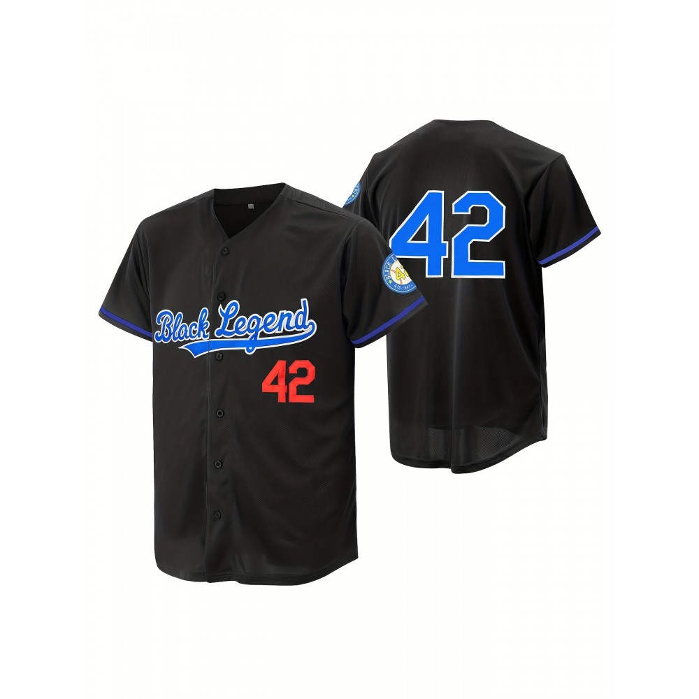 Men'S Black Embroidered Baseball Jersey #42 - 100% Polyester, V-Neck, Loose Fit, Machine Washable, Casual & Sporty Style for All Seasons, Sizes S-XXXL, Casual Wear Jersey | Embroidered Sports Jersey | Button Closure