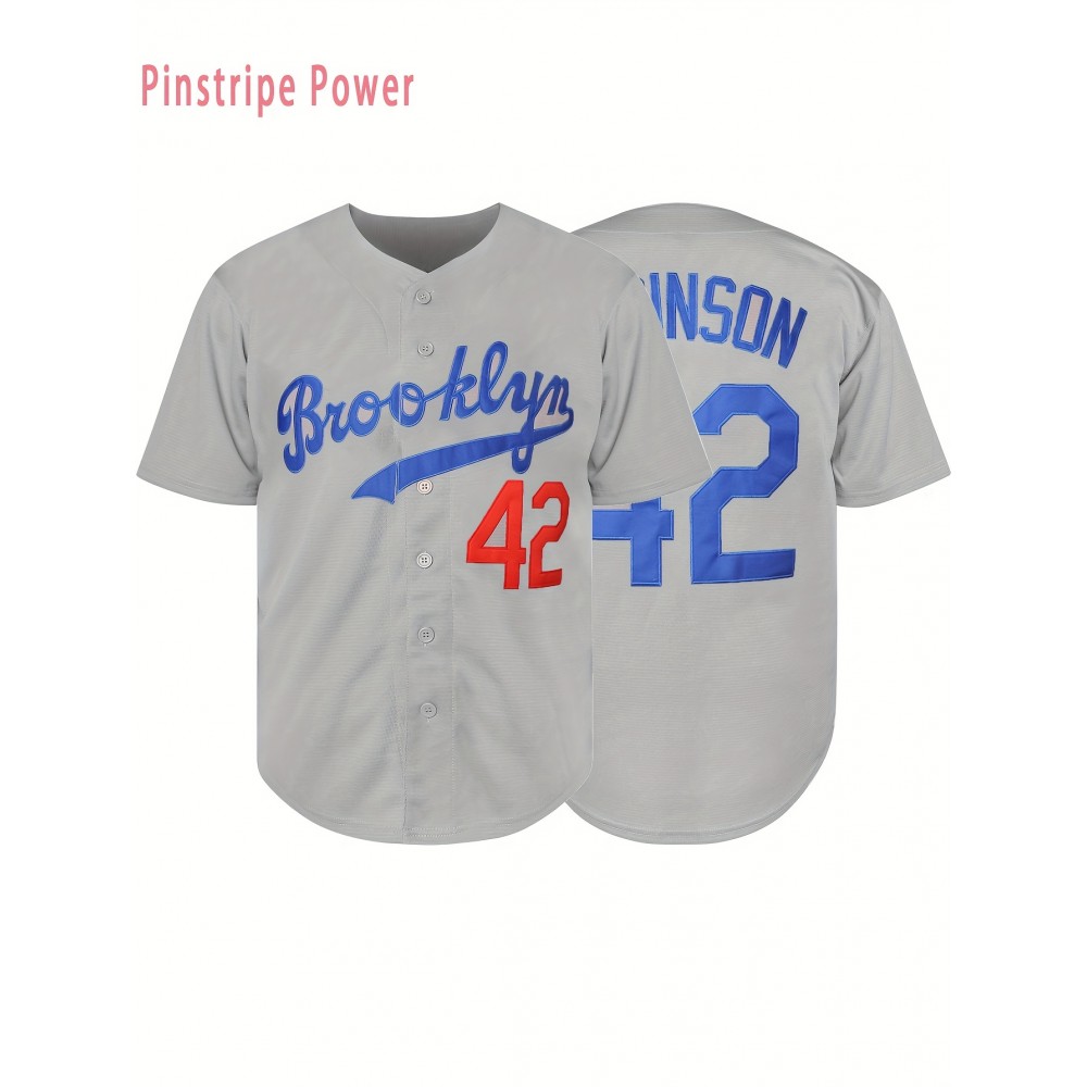 Men'S V-neck Baseball Jersey # 42 Gray Embroidered Breathable And Lightweight, Perfect For Training And Casual Wear S-3XL