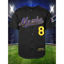 Men's #8-24 Embroidered Polyester Baseball Jersey - Black with Purple & Yellow Accents, V-Neck, Button-Up Design, Perfect for Games, Training & Casual Wear, Sizes S-3XL, Athletic Jersey | Casual Style | Numbers Design