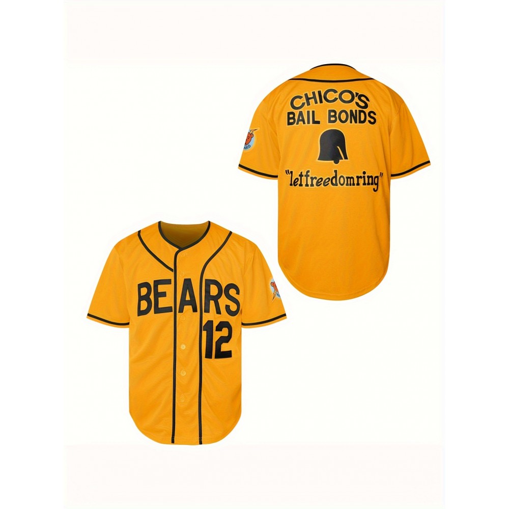 Men's #12 Yellow Bear Baseball Jersey - Retro Sports Training & Casual Wear, S-3XL, Polyester, V-Neck, Button-Up, 