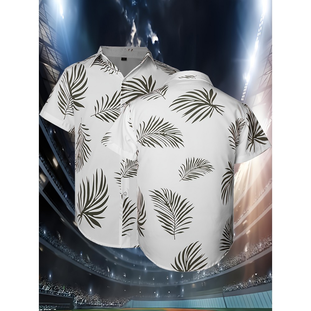 Men's Stylish Green Leaf Print Baseball Shirt - 100% Polyester, V-Neck, Loose Fit for Casual Sports & Parties, S-3XL, Machine Washable, Perfect for Summer Outings, Beach Parties & Outdoor Activities, Best for Christmas