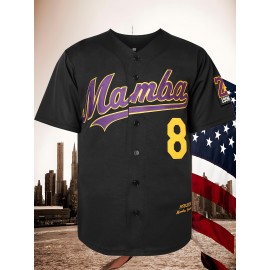 Men'S Letter Embroidery Short Sleeve V-neck Loose Button Up Shirt, Men'S Vintage Summer Baseball Jersey For Party