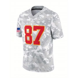 Men's #87 Retro Grey Sports Jersey - Breathable Polyester V-Neck Loose Fit T-Shirt with Camouflage Pattern All-Season Top for Football,, Parties, Streetwear | Machine Washable, Unisex Design for Men & Couples, Sports T Shirt, Party Attire, Detailing