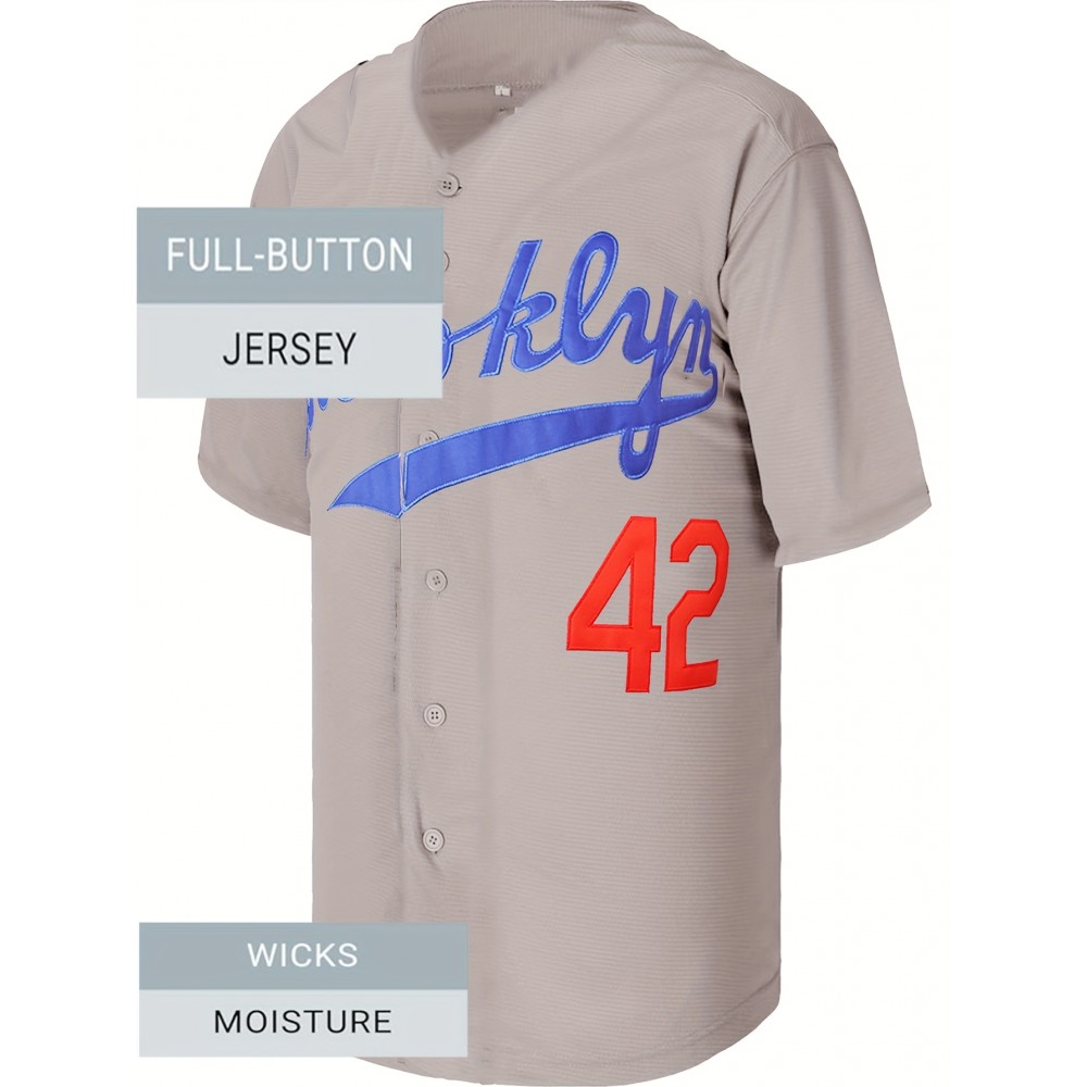 42 Grey Baseball Jersey All Stitched EMbroidery V Neck Short Sleeve Baseball Shirt, Breathable Button-Up Sports Uniform For Training Competition Party