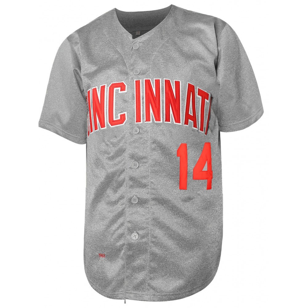 Stitched #14 Grey Baseball Jersey Red Letter Embroidery V Neck Short Sleeve Baseball Shirt, Breathable Button-Up Sports Uniform For Training Competition Party