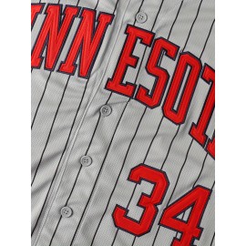 #34 Grey Stripe Baseball Jersey Embroidery V Neck Short Sleeve Baseball Shirt, All Stitched Breathable Button-Up Sports Uniform For Training Competition Party