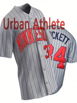 #34 Grey Stripe Baseball Jersey Embroidery V Neck Short Sleeve Baseball Shirt, All Stitched Breathable Button-Up Sports Uniform For Training Competition Party