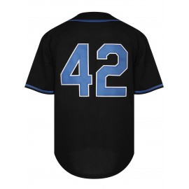 All Stitched 42 Baseball Jersey Letter Embroidery V Neck Short Sleeve Baseball Shirt, Breathable Button-Up Sports Uniform For Training Competition Party