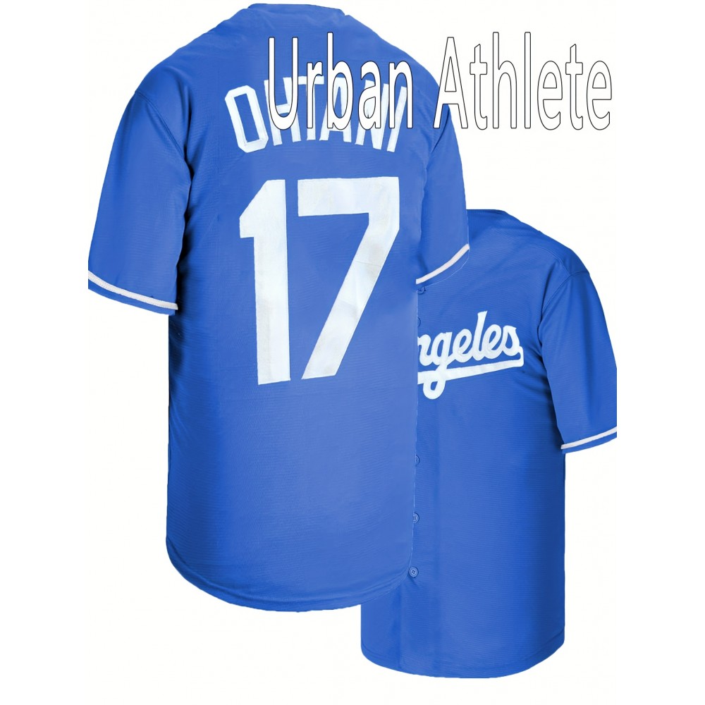 All Stitched 17 Blue Baseball Jersey Embroidery V Neck Short Sleeve Baseball Shirt, Breathable Button-Up Sports Uniform For Training Competition Party