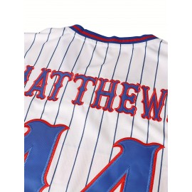 Men's White Polyester Baseball Jersey | V-Neck with Red & Blue Stripes | Embroidered #44 and BENGHAMMERS Design | Breathable, Machine Washable | Ideal for Training, Casual & Party Wear | Suitable for Spring to Autumn