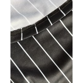 Men's #16 Japan Tanii Embroidered Baseball Jersey - Black & White Striped Retro Style, Breathable V-Neck Sports Shirt for Casual & Athletic Wear, Casual Sports Apparel | Retro Baseball Shirt | Embroidered Details