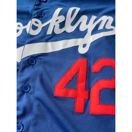Blue 42 Baseball Jersey All Stitched Embroidery V Neck Short Sleeve Baseball Shirt, Breathable Button-Up Sports Uniform For Training Competition Party