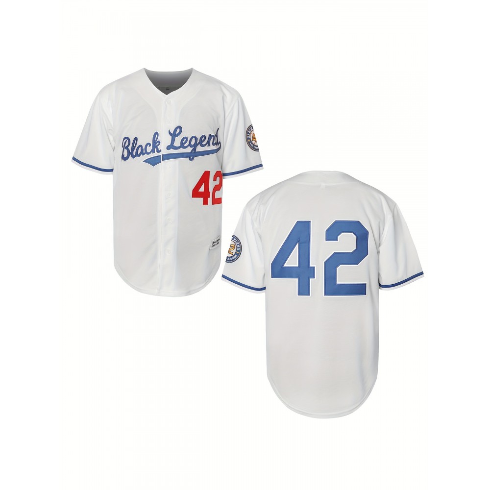 Men's Black Legend & #42 Baseball Jersey T-Shirt - Loose Fit V-Neck Button-Up, Breathable Polyester for Outdoor Sports, Training, Casual Wear & Parties (S-3XL)