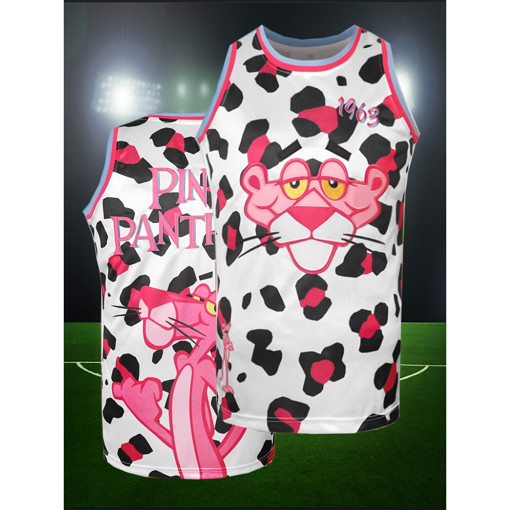 Men'S American Basketball Suit, Pink Leopard White Spotted American Basketball Suit, Suitable For Street And Team Sports, Breathable Round Neck, S-3XL