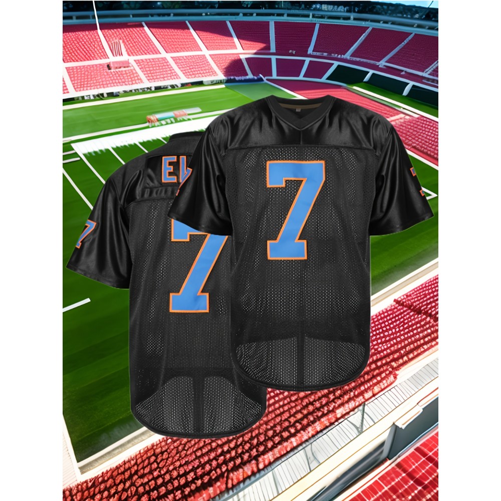 Men's #7 Black Polyester V-Neck Sports Jersey - Lightweight, Embroidered 